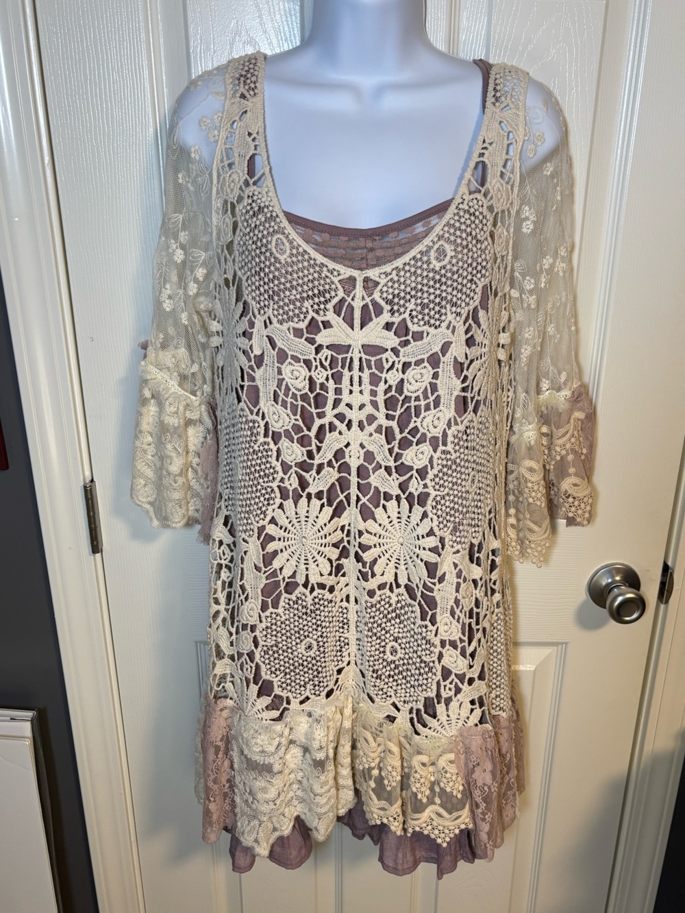 Origami cream crochet dress with sleeves flowy with purple shell Size: L
